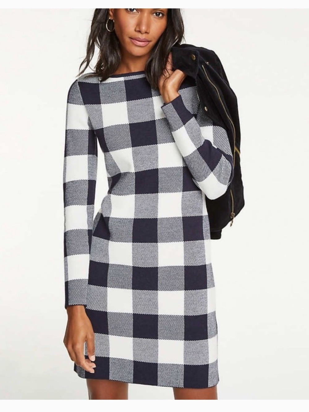 Ann Taylor Long Sleeve Buffalo Plaid Knit Sweater Dress Women’s XS Black White